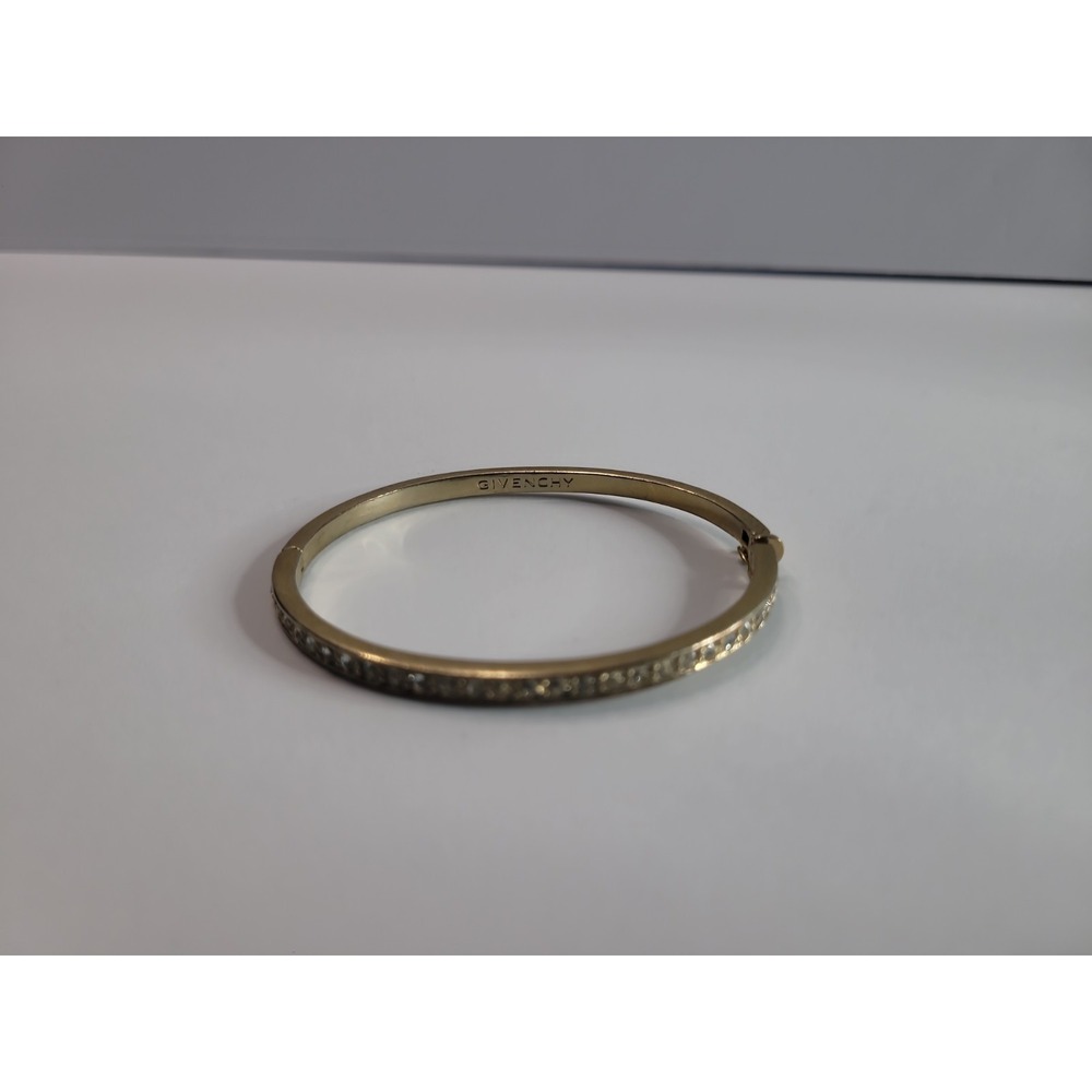 Vintage Givenchy Signed Gold Tone Clear Rhinestones Hinged Bangle Bracelet